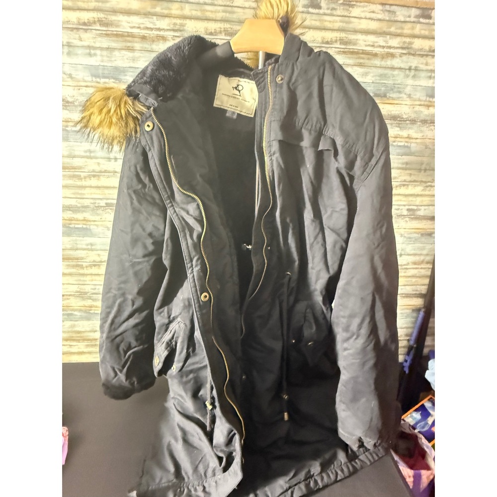 UOIUXC Parka Jacket US 2XL Black NEW Faux Fur Trim Hood Fleece Lined Winter Coat